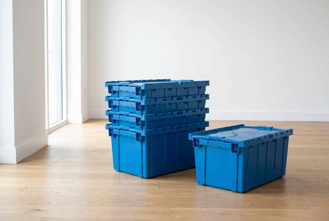 A stack of clean blue attached-lid reusable moving totes in an empty apartment